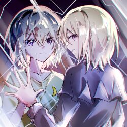 2girls bang_dream! bang_dream!_it&#039;s_mygo!!!!! black_capelet blonde_hair broken_mirror capelet crossed_bangs different_reflection doloris_(bang_dream!) hair_between_eyes hand_on_mirror hibioes highres long_sleeves medium_hair mirror misumi_uika multiple_girls purple_eyes reflection shirt upper_body yellow_shirt