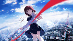 1girl bilingual_commentary blue_bow blue_bowtie blue_eyes blue_shirt blue_skirt blush bow bowtie brown_hair bug butterfly cellphone commentary_request earphones flying girls_band_cry highres holding holding_phone insect iseri_nina kneehighs long_sleeves looking_at_viewer low_twintails mixed-language_commentary open_mouth phone pleated_skirt reaching reaching_towards_viewer school_uniform shirt short_hair short_twintails skirt sky smartphone socks solo string string_of_fate tokyo_(city) tokyo_tower twintails white_socks yun_cao_bing