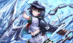 1girl absurdres anchor anchor_symbol artist_name black_coat black_hair chain coat coat_on_shoulders cowboy_shot green_eyes hat highres midriff murasa_minamitsu navel neckerchief red_neckerchief sailor_hat shirt short_hair short_sleeves shorts solo top-exerou touhou water white_hat white_shirt white_shorts