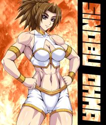 Rule 34 | 1girl, borrowed character, breasts, brown eyes, brown hair, character name, cleavage, cowboy shot, hands on own hips, midriff, navel, original, shinomu ohma, solo, taroimo (00120014), wrestling outfit