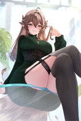 1girl absurdres against_glass ahoge aikoparkim ass_on_glass ass_press bird_tail black_eyes black_garter_straps black_thighhighs breasts brown_hair crossed_legs feather_hair feet_out_of_frame from_below garter_straps green_sweater grin heterochromia highres indie_virtual_youtuber jewelry kumi_(vtuber) large_breasts long_hair long_sleeves looking_at_viewer necklace pointy_ears scar scar_across_eye scar_on_face second-party_source sitting smile solo sweater tail thighhighs virtual_youtuber yellow_eyes