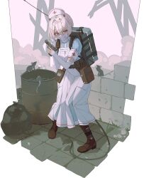 1girl backpack bag boots brown_boots c-eye combat_medic demon_tail diorama dress drum_(container) fn_five-seven gun hair_between_eyes handgun hat highres holding holding_gun holding_weapon horns lace-up_boots looking_to_the_side mask military mouse_(animal) mouth_mask nurse_cap original red_eyes ruins short_hair tail trash_bag trigger_discipline weapon white_dress white_hair