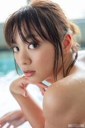 Rule 34 | 1girl, black hair, blurry, blurry background, close-up, flat chest, indoors, japanese (nationality), lipstick, makeup, monami suzu, photo (medium), pool, real life, short hair, water, watermark, wet