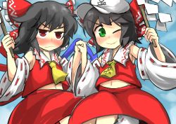 Rule 34 | 2girls, asymmetrical wings, bare shoulders, black hair, bloomers, blush, cosplay, detached sleeves, gaoo (frpjx283), gohei, green eyes, hakurei reimu, hakurei reimu (cosplay), haraegushi, hat, holding hands, houjuu nue, multiple girls, murasa minamitsu, navel, one eye closed, oonusa, raised eyebrow, red eyes, sailor hat, steepled fingers, touhou, underwear, wings
