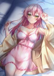 1girl ahoge blush breasts cleavage collarbone dress hair_between_eyes highres idolmaster idolmaster_cinderella_girls jougasaki_mika long_hair looking_at_viewer lying medium_breasts pink_dress pink_hair shirt solo spicapix thighs yellow_eyes yellow_shirt