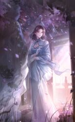 Rule 34 | 1boy, artist request, black flower, blue hanfu, blue shawl, brown eyes, brown hair, chinese clothes, cleavage cutout, closed mouth, clothing cutout, crossed arms, earrings, expressionless, eyeshadow, flower, flower earrings, full body, gloves, hair flower, hair ornament, hanfu, highres, indoors, jewelry, light particles, light rays, lipstick, long sleeves, looking to the side, makeup, male focus, necklace, nikki (series), official art, overgrown, petals, purple flower, railing, red eyeshadow, red lips, shawl, shining nikki, short hair, snow&#039;s sigh (shining nikki), solo, standing, statue, sunset, third-party source, trap, white gloves, wide sleeves, yueniang