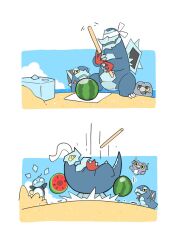 Rule 34 | animal focus, arctibax, baxcalibur, beach, bird, blindfold, blue sky, claws, eiscue, eiscue (ice), eiscue (noice), evolutionary line, fangs, food, frigibax, fruit, gen 8 pokemon, holding, holding stick, ice, igwjgsarifbfo9u, nintendo, no humans, ocean, penguin, pokemon, pokemon (creature), pokemon focus, sand castle, sand sculpture, sky, smile, stick, suikawari, tail, towel, watermelon, watermelon slice, yellow eyes