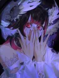 1girl bare_shoulders black_background black_hair columbina_(genshin_impact) covering_own_mouth detached_sleeves dress eye_mask eyelashes feathered_wings fingernails genshin_impact hands_up head_wings highres long_hair long_sleeves looking_at_viewer multicolored_hair pink_eyes pink_hair shadow shatukawa simple_background sleeveless sleeveless_dress solo two-tone_hair white_dress white_sleeves wings