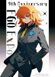 1girl ahoge blue_flower coat fate/grand_order fate_(series) flower fujimaru_ritsuka_(female) hands_in_pockets highres meiji_ken necktie orange_eyes orange_hair simple_background