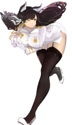 Rule 34 | 1girl, animal ears, atago (azur lane), azur lane, black garter straps, black hair, black thighhighs, breasts, full body, garter straps, head dog, high heels, highres, large breasts, looking afar, military uniform, one eye closed, thighhighs, wolf ears