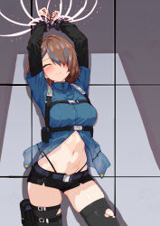 1girl absurdres arms_up bakasp-lilzy black_thighhighs bound bound_arms breasts commission defeat highres jacket medium_breasts midriff_peek navel original pixiv_commission pouch restrained short_shorts shorts skindentation solo stomach thigh_pouch thighhighs torn_clothes torn_thighhighs