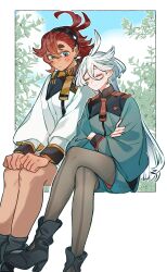 2girls absurdres ahoge asticassia_school_uniform black_boots black_hairband black_pantyhose blue_eyes blush boots closed_eyes closed_mouth crossed_arms crossed_legs day green_jacket green_shorts gundam gundam_suisei_no_majo hairband highres jacket long_hair long_sleeves miorine_rembran multiple_girls myong8_0 outdoors pantyhose ponytail red_hair school_uniform shorts sitting suletta_mercury thick_eyebrows tree white_hair white_jacket white_shorts
