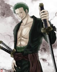 Rule 34 | 1boy, closed mouth, commentary request, cowboy shot, earrings, green hair, haramaki, holding, holding sword, holding weapon, jewelry, male focus, one eye closed, one piece, oregano551, roronoa zoro, sash, short hair, solo, stitched torso, stitches, sword, v-shaped eyebrows, weapon