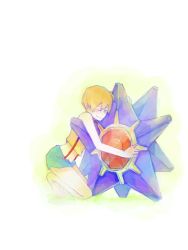 1girl closed_eyes creatures_(company) game_freak gen_1_pokemon hug kneeling misty_(pokemon) nintendo orange_hair pokemon pokemon_(anime) pokemon_(creature) shorts side_ponytail simple_background smile starmie suspenders tegaki white_background