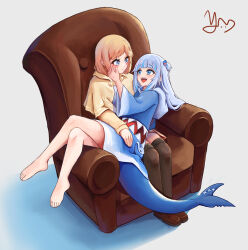 armchair barefoot blonde_hair blue_eyes blue_hair blunt_bangs blush chair feet fins fish_tail gawr_gura gawr_gura_(1st_costume) grey_hair hair_ornament highres hololive hololive_english hood hoodie long_hair multicolored_hair multiple_girls open_mouth shark_girl shark_tail sharp_teeth short_hair sitting sitting_on_lap sitting_on_person streaked_hair tail teeth thighhighs virtual_youtuber watson_amelia watson_amelia_(1st_costume) yger yuri