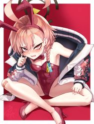 1girl absurdres ahoge animal_ears asymmetrical_bangs bandaid bandaid_on_knee bandaid_on_leg blue_archive bow bowtie braid commentary_request detached_collar fake_animal_ears halo high_heels highleg highleg_leotard highres huge_ahoge indian_style jacket leotard mole mole_under_eye neru_(blue_archive) neru_(bunny)_(blue_archive) orange_hair oversized_breast_cup playboy_bunny print_jacket rabbit_ears red_bow red_bowtie red_eyes red_footwear red_leotard single_braid sitting solo strapless strapless_leotard sukajan tag traditional_bowtie yoko2yuray