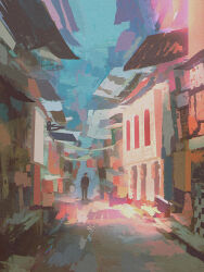 1other alley black_hair black_pants black_shirt blurry city clothesline day depth_of_field dkaism door original outdoors painterly pants scenery shirt short_hair walking window