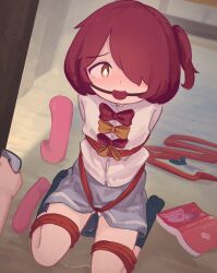 1girl absurdres ball_gag bdsm bondage bound bow bowtie gag gagged hair_over_one_eye highres kanbaki komari_chika make_heroine_ga_oo_sugiru! pussy_juice red_bow red_bowtie rope sex_toy shibari shirt skirt solo_focus vibrator white_shirt