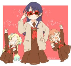 &gt;:) 3girls :d adjusting_eyewear blonde_hair blue_hair blue_ribbon blush border brown_cardigan brown_dress cardigan closed_eyes closed_mouth commentary cropped_legs dress english_text flower gradient_hair grin hair_flower hair_ornament hair_ribbon half_updo hand_on_own_hip hasu_no_sora_school_uniform hinoshita_kaho kase_(ks_lys) link!_like!_love_live! long_hair long_sleeves looking_at_viewer love_live! medium_hair multicolored_hair multiple_girls murano_sayaka neckerchief novelty_glasses open_cardigan open_clothes open_mouth orange_hair osawa_rurino outside_border rabbit_hair_ornament red-framed_eyewear red_background red_neckerchief red_ribbon ribbon sailor_collar sailor_dress school_uniform smile sparkle sunglasses twintails two_side_up v-shaped_eyebrows virtual_youtuber white_border white_flower white_sailor_collar winter_uniform