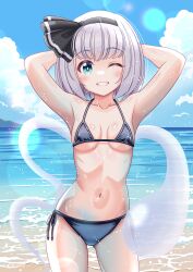 1girl absurdres arms_behind_head beach bikini black_bikini black_hairband blue_eyes blue_sky breasts cloud cloudy_sky cowboy_shot grin hair_ribbon hairband highres konpaku_youmu konpaku_youmu_(ghost) looking_at_viewer ocean one_eye_closed outdoors reimei_(r758120518) ribbon short_hair sky small_breasts smile solo swimsuit touhou white_hair