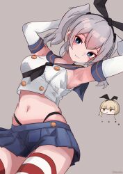 2girls black_hairband black_neckerchief black_panties blue_eyes blue_sailor_collar blue_skirt commentary_request cosplay crop_top elbow_gloves gloves grey_background grey_hair hairband highleg highleg_panties highres kantai_collection kashima_(kancolle) long_hair microskirt miniskirt miron_(mirona33) multiple_girls navel neckerchief panties pleated_skirt sailor_collar shimakaze_(kancolle) shimakaze_(kancolle)_(cosplay) shirt simple_background skirt sleeveless sleeveless_shirt solo_focus striped_clothes striped_thighhighs thighhighs twintails underwear white_gloves
