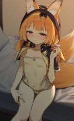 1girl absurdres animal_ears bead_necklace beads character_request closed_mouth copyright_request fox_ears fox_girl fox_tail highres hood jewelry looking_at_viewer medium_hair multiple_tails necklace orange_hair panties red_eyes short_twintails smile solo syhan tail twintails underwear yellow_panties