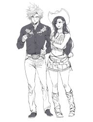1boy 1girl bare_shoulders belt black_hair blush boots breasts cleavage cloud_strife couple cowboy_boots cowboy_hat cowgirl_(western) earrings final_fantasy final_fantasy_vii final_fantasy_vii_remake gloves greyscale hat highres holding_another&#039;s_arm jewelry large_breasts long_hair midriff monochrome navel open_mouth pants shirt skirt spiked_hair spykeee tifa_lockhart tifa_lockhart_(cowgirl) white_background