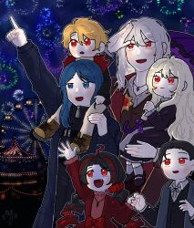 2boys 4girls aerial_fireworks aged_down amusement_park bari_(project_moon) black_dress black_hair black_jacket blonde_hair blue_eyes blue_hair blue_jacket cryung9913 curiambro_(project_moon) don_quixote_(project_moon) dress dulcinea_(project_moon) fireworks grey_hair highres jacket la_manchaland&#039;s_don_quixote_(project_moon) limbus_company long_hair long_sleeves multicolored_hair multiple_boys multiple_girls nicolina_(project_moon) night night_sky open_mouth project_moon red_dress red_eyes red_hair sancho_(project_moon) shirt short_hair sky streaked_hair