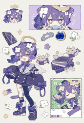 Rule 34 | + +, 1boy, :3, :d, animal ears, asymmetrical legwear, bandaid on thigh, blue pantyhose, blue socks, book, boots, bow, bowtie, cat boy, cat ears, cat tail, closed eyes, closed mouth, color guide, commentary, double v, fish, flower, fold-over boots, food in mouth, footwear bow, full body, hair flower, hair ornament, hairclip, halo, hands up, highres, kanamochi kanato, long sleeves, looking at viewer, male focus, multiple views, open mouth, original, pantyhose, purple boots, purple bow, purple bowtie, purple eyes, purple hair, purple shirt, purple shorts, shirt, short hair, shorts, simple background, single leg pantyhose, single sock, sleeve bow, sleeves past fingers, sleeves past wrists, smile, socks, standing, tail, twitter username, uneven legwear, v, white background, white flower, yellow halo