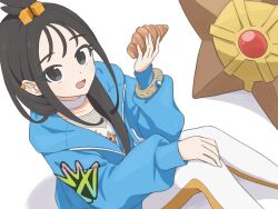 1girl :d black_hair blue_hoodie bracelet commentary_request croissant cube_hair_ornament earclip food fujiyama_(yellow) gen_1_pokemon hair_ornament happy hood hood_down hoodie jewelry lida_(pokemon) long_hair long_sleeves nintendo open_mouth pants pokemon pokemon_(creature) pokemon_legends:_z-a shirt sitting smile staryu tongue topknot white_pants white_shirt