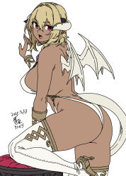 1girl :d ass blonde_hair boots breasts bridal_gauntlets dark-skinned_female dark_skin dated demon_girl demon_horns demon_wings from_behind high_heel_boots high_heels highres horns houtengeki large_breasts laura_(houtengeki) leotard looking_at_viewer looking_back open_mouth original pointy_ears red_eyes short_hair simple_background slingshot_swimsuit smile solo swimsuit tail thigh_boots thighs white_background white_leotard white_tail white_wings wings