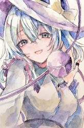 Rule 34 | 1girl, absurdres, collared shirt, green eyes, green hair, hair between eyes, hat, highres, kamu kotan, komeiji koishi, long sleeves, looking at viewer, medium hair, open mouth, painting (medium), shirt, smile, solo, third eye, touhou, traditional media, upper body, watercolor (medium), yellow shirt