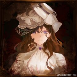 1girl absurdres black_background black_hair border bow closed_mouth curly_hair dress gown hat hat_bow highres isolde_(reverse:1999) long_hair looking_at_viewer purple_eyes reverse:1999 smile solo upper_body veil wanruo_tiantang_71296 watermark weibo_watermark white_bow white_dress white_hat white_veil