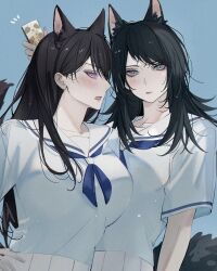 2girls animal_ears bang_dream! bang_dream!_it&#039;s_mygo!!!!! black_hair blackfangs blue_background blue_eyes blue_neckerchief blue_shirt blush breasts closed_mouth commentary hanasakigawa_school_uniform highres holding_carton kemonomimi_mode large_breasts long_hair looking_at_viewer multiple_girls neckerchief open_mouth purple_eyes sailor_collar school_uniform serafuku shiina_taki shirt skirt tail white_sailor_collar white_skirt wolf_ears wolf_girl wolf_tail yahata_umiri