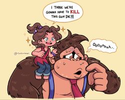 1boy 1girl donkey_kong donkey_kong_(series) donkey_kong_bananza english_text highres i_think_we&#039;re_gonna_have_to_kill_this_guy_steven_(meme) justin_leal meme necktie nintendo pauline_(mario) pauline_(young)_(mario) scrunchie simple_background sitting_on_shoulder speech_bubble suspenders sweat topknot upper_body wrist_scrunchie