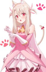 :o absurdres animal_ear_fluff animal_ears blush breasts brown_hair cat_ears cat_tail commentary_request dress fate/kaleid_liner_prisma_illya fate_(series) feather_hair_ornament feathers hair_ornament highres illyasviel_von_einzbern kaze_22 korean_commentary long_hair looking_at_viewer magical_girl paw_pose paw_print paw_print_background pink_dress pink_eyes pink_sleeves prisma_illya simple_background small_breasts tail white_background