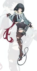 1girl animal_ears asymmetrical_legwear black_gloves black_hair black_necktie black_shorts brown_pantyhose brown_thighhighs closed_mouth commission fingerless_gloves full_body gloves green_eyes highres jane_doe_(zenless_zone_zero) light_smile long_hair long_sleeves looking_at_viewer multicolored_hair necktie no_shoes pantyhose red_hair red_necktie roam_hong shorts single_leg_pantyhose single_thighhigh solo tail tail_around_own_leg thighhighs torn_clothes torn_pantyhose two-tone_hair uneven_legwear very_long_hair white_background zenless_zone_zero zoom_layer
