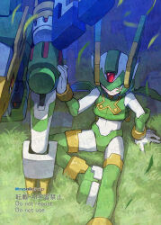 2boys armor aztec_falcon_(mega_man) facial_mark forehead_jewel green_armor green_eyes green_helmet green_wings helmet mechanical_wings mega_man_(series) mega_man_zero_(series) multiple_boys non-humanoid_robot on_grass robot robot_animal robot_bird sage_harpuia_(mega_man) sitting wings yamanashi_taiki