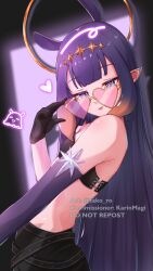 1girl alternate_costume black_gloves black_tube_top blue_eyes blunt_bangs breasts detached_sleeves gloves gradient_hair hairband halo heart heart-shaped_eyewear highres hololive hololive_english long_hair looking_at_viewer multicolored_hair ninomae_ina&#039;nis orange_hair orange_hairband orange_halo pink-tinted_eyewear pointy_ears purple_hair purple_sleeves single_detached_sleeve small_breasts solo strapless takodachi_(ninomae_ina&#039;nis) takoroki tentacle_hair tinted_eyewear tube_top virtual_youtuber watermark