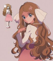 1girl blue_eyes brown_hair caitlin_(pokemon) closed_mouth dress dress_under_shirt eyelashes from_behind hair_ribbon highres long_hair long_sleeves looking_at_viewer mikakami1e nintendo official_art_inset pink_dress pokemon pokemon_dppt pokemon_platinum ribbon shirt solo twitter_username upper_body white_ribbon white_shirt
