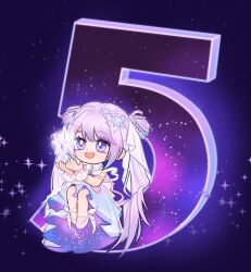 1girl absurdly_long_hair absurdres ankle_bow ankle_ribbon bare_shoulders beads bow bowtie braid chibi chinese_commentary commentary_request countdown_illustration dot_nose double_bun dress eyelashes eyeshadow frilled_wrist_cuffs frills glowing guides_of_star_(shining_nikki) hair_beads hair_bun hair_ornament happy heijin_liji highres invisible_chair light_blush light_particles long_dress long_hair looking_at_object makeup multiple_braids nikki_(series) object_floating_above_hand open_mouth pink_bow pink_eyeshadow purple_background purple_dress purple_eyes purple_hair ribbon second-party_source shining_nikki shoes sitting smile solo space_print sparkle star_(symbol) star_hair_ornament starry_sky_print strapless strapless_dress teeth twintails two-sided_dress two-sided_fabric upper_teeth_only veil very_long_hair white_bow white_bowtie white_shoes white_veil white_wrist_cuffs wrist_bow wrist_cuffs