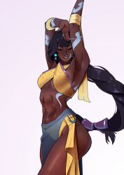 absurdres arm_tattoo dark-skinned_female dark_skin highres league_of_legends long_hair multiple_piercings navel_piercing nilah_(league_of_legends) nose_piercing nose_ring piercing repulsivemaid simple_background tattoo very_long_hair