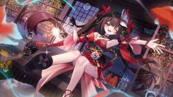 1girl absurdres armpits black_gloves brown_hair detached_sleeves dress fireworks floating_hair fox_mask gloves highres holding honkai:_star_rail honkai_(series) long_hair looking_at_viewer mask mask_on_head one_eye_closed open_mouth outdoors red_dress sandals short_sleeves single_glove sitting smile solo sparkle_(honkai:_star_rail) tsukimori_mochi twintails very_long_hair