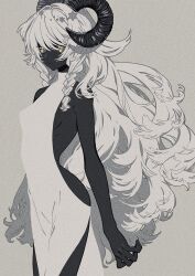 Rule 34 | 1girl, black horns, black skin, breasts, closed mouth, colored skin, cowboy shot, dress, grey background, highres, horns, keishin, long hair, original, parted lips, shadow, sideboob, simple background, solo, very long hair, white dress, white hair, yellow eyes