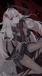 0memeg4_01 1girl black_dress bodystocking breasts cowlick dress eye_hair_ornament eye_symbol genshin_impact gloves hair_between_eyes hair_intakes hair_ornament highres long_hair looking_at_viewer medium_breasts messy_hair pixiv_username ronova_(genshin_impact) side_ahoge solo symbol-shaped_pupils white_hair wings yellow_eyes