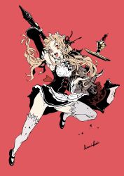 1girl :d alternate_costume apron arm_up armpits blonde_hair cosplay detached_sleeves dress enmaided food full_body glass halberd highres himiko_(326ontheweb) holding holding_behind_back holding_polearm holding_weapon holding_weapon_behind_back ice_cream knee_up long_hair maid maid_apron mary_janes neck_ribbon open_mouth orange_eyes plate polearm re:zero_kara_hajimeru_isekai_seikatsu red_background red_riding_hood_(sinoalice) rem_(re:zero) ribbon shoes signature simple_background sinoalice sleeveless sleeveless_dress smile solo standing standing_on_one_leg thighhighs weapon white_thighhighs
