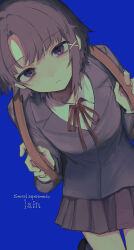 1girl asymmetrical_hair backpack bag blazer blue_background blush brown_bag brown_skirt buttons character_request closed_mouth collared_shirt copyright_name cowboy_shot curtained_hair from_above frown hair_ornament hands_up highres holding holding_bag iwakura_lain jacket labo_9696 lapels layered_sleeves leaning_forward long_sleeves looking_at_viewer miniskirt neck_ribbon notched_lapels pleated_skirt purple_eyes purple_jacket red_ribbon ribbon school_uniform serial_experiments_lain shirt short_hair simple_background skirt solo thigh_gap white_shirt x_hair_ornament