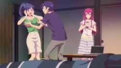angry animated anime_screenshot bed blue_hair breasts broken_screen grabbing_another&#039;s_breast groping highres kasukabe_hayato large_breasts lifting_person long_hair makusawa_ouka megami_no_cafe_terrace picking_up ponytail tagme throwing throwing_person tsuruga_ami video
