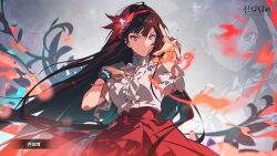 1girl black_hair bracelet breasts fire floral_print flower game_cg hair_ornament hairband hanbok hand_on_own_chest highres hwa_ryun jewelry korean_clothes long_hair looking_at_viewer petals red_eyes red_skirt shirt simple_background skirt solo tower_of_god tower_of_god:_great_journey uoongpig
