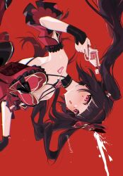 1girl armpits black_gloves blush breasts brown_hair detached_sleeves dress fingerless_gloves floating_hair fox_mask gloves gun gun_to_head halter_dress halterneck handgun heart heart-shaped_pupils heart_tattoo highres holding holding_gun holding_weapon honkai:_star_rail honkai_(series) honkai_impact_3rd looking_at_viewer mark_under_eye mask mask_on_head medium_breasts open_mouth otsuna0507 red_background red_dress red_mask red_sleeves revolver sideways single_fingerless_glove snubnosed_revolver solo sparkle_(fictitious_game)_(honkai:_star_rail) sparkle_(honkai:_star_rail) sweat symbol-shaped_pupils tattoo twintails weapon